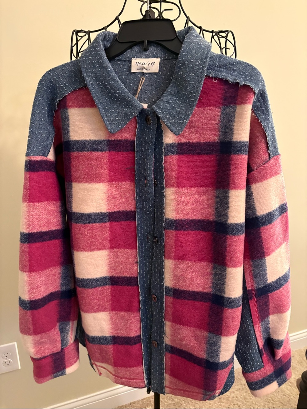 Women's Magenta Plaid Button-Front Jacket with Denim Trim